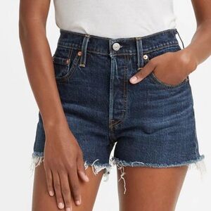 Levi’s High Rise Button distressed shorts dark denim